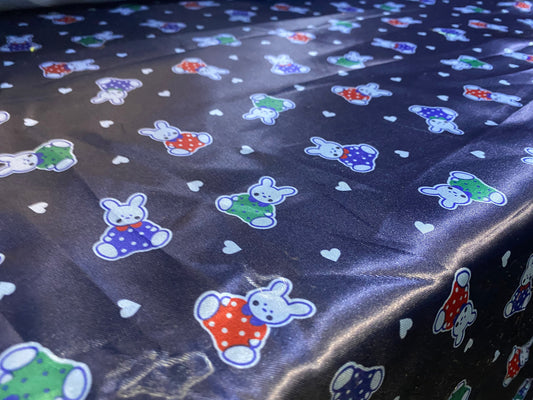 Printed silky satin - navy with cute rabbits print