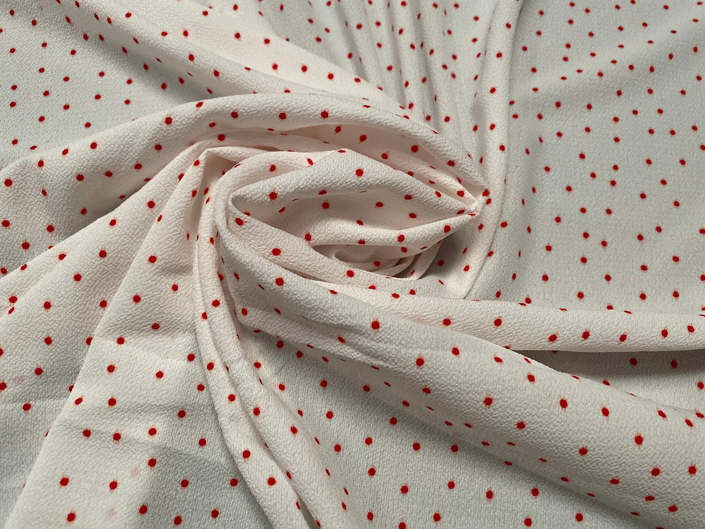 Polka dot printed pebble crepe woven dress fabric, per metre - ivory & red spots