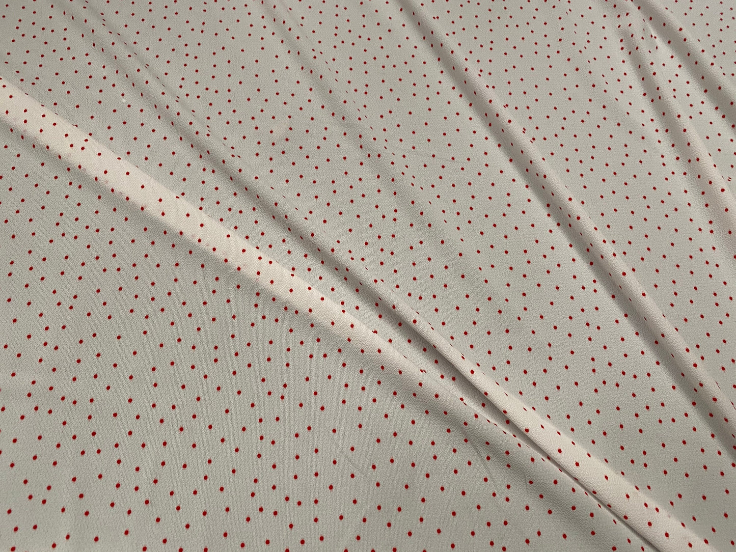 Polka dot printed pebble crepe woven dress fabric, per metre - ivory & red spots