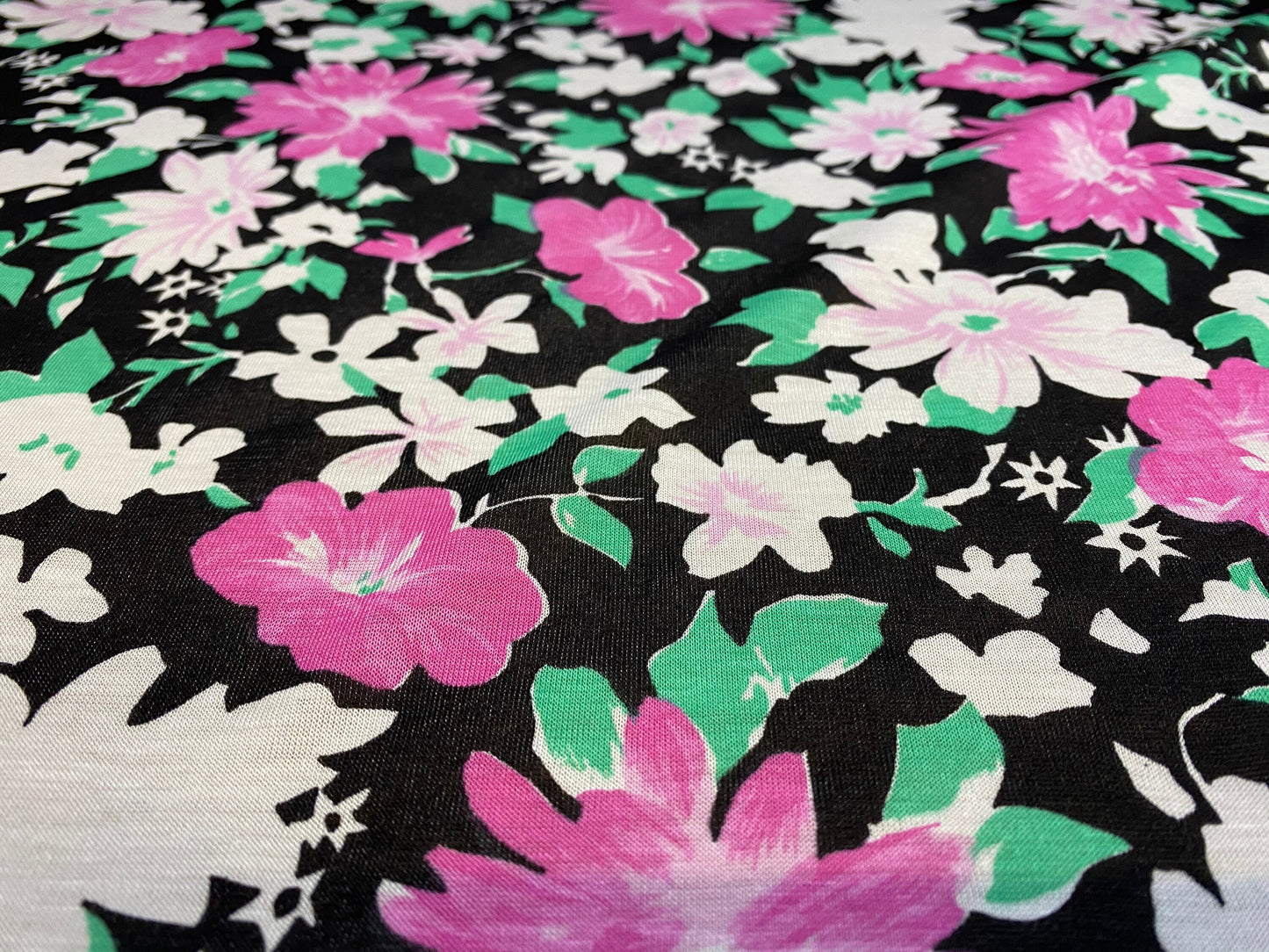 Viscose spandex stretch jersey fabric, per metre - black with magenta & cream floral print