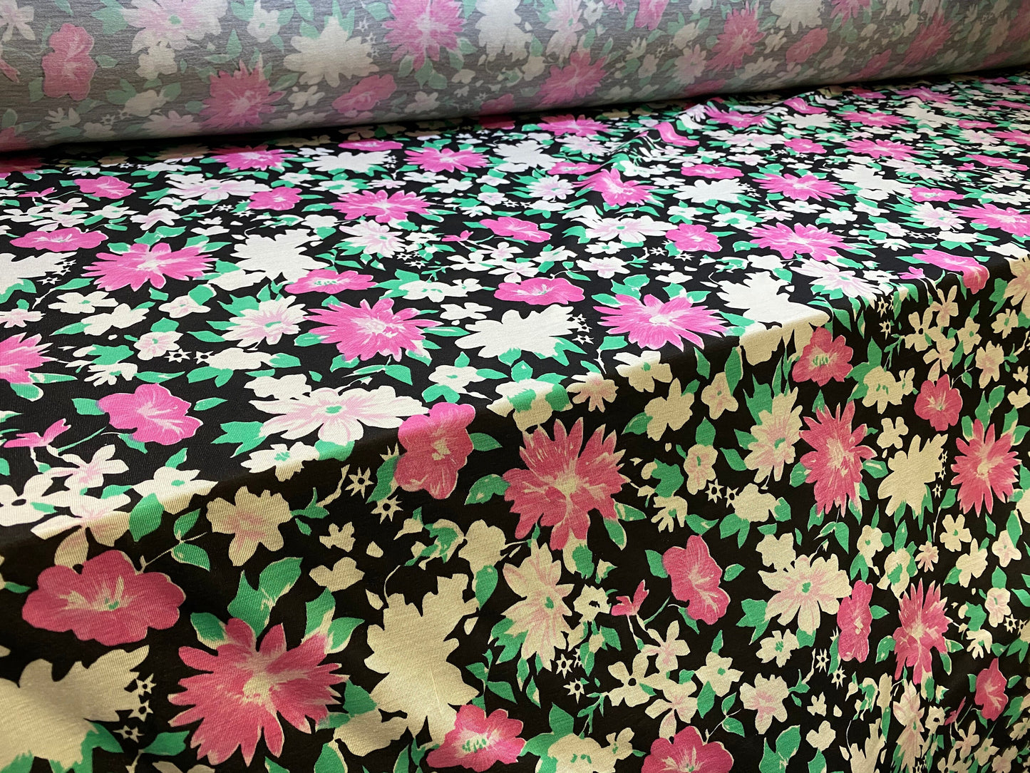 Viscose spandex stretch jersey fabric, per metre - black with magenta & cream floral print