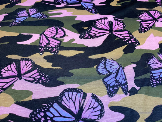 Viscose spandex stretch jersey fabric, per metre - camouflage butterfly print