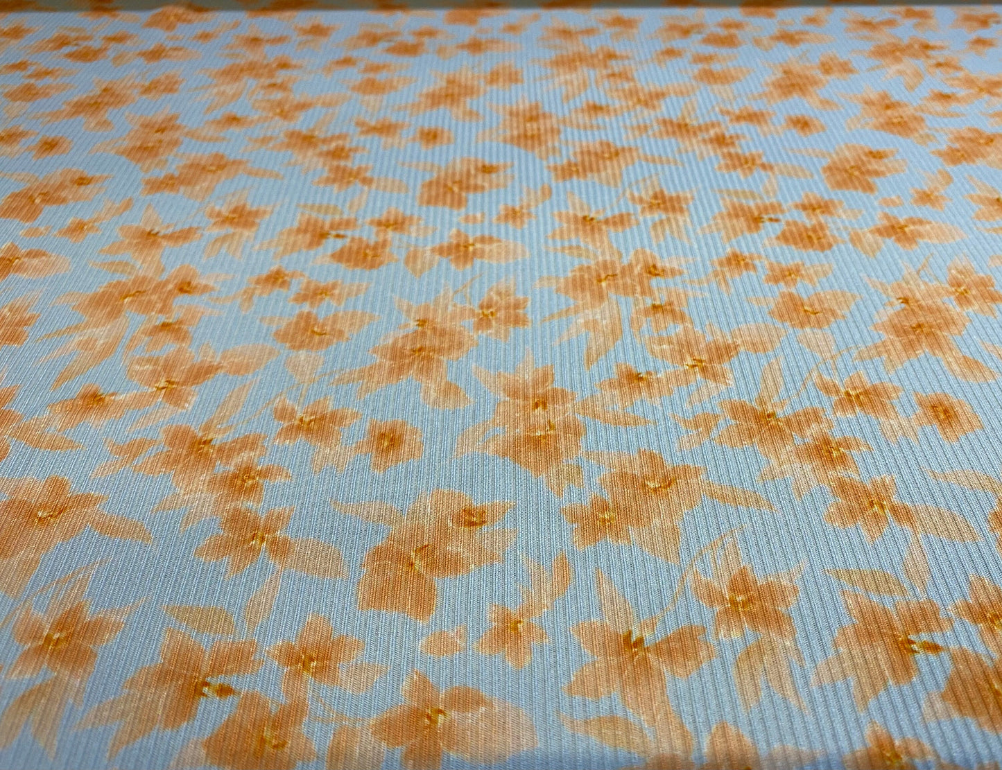 Spandex rib stretch jersey fabric, per metre - Sky blue with apricot flowers floral pretty print