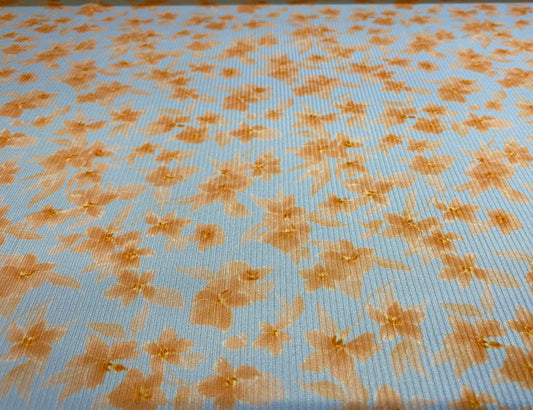 Spandex rib stretch jersey fabric, per metre - Sky blue with apricot flowers floral pretty print