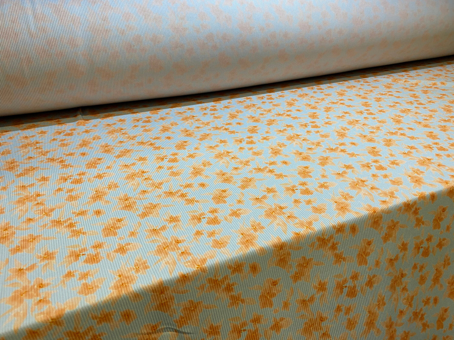 Spandex rib stretch jersey fabric, per metre - Sky blue with apricot flowers floral pretty print