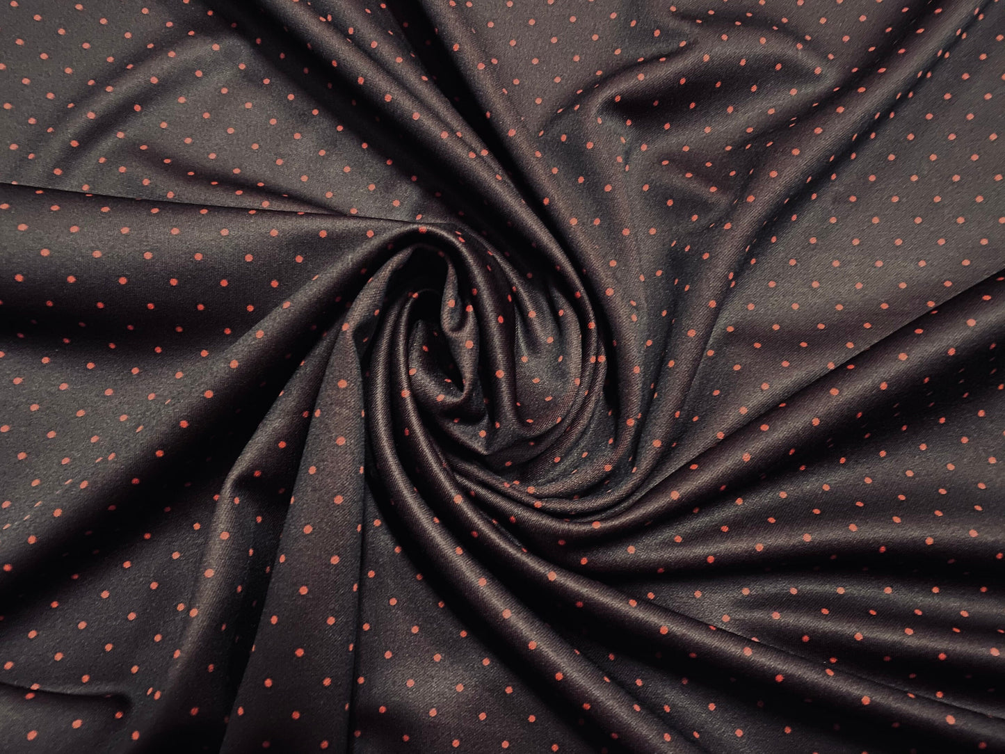 Printed Marcella Scuba Spandex Jersey Stretch Fabric, Per Metre - Black with rust spot spotty print