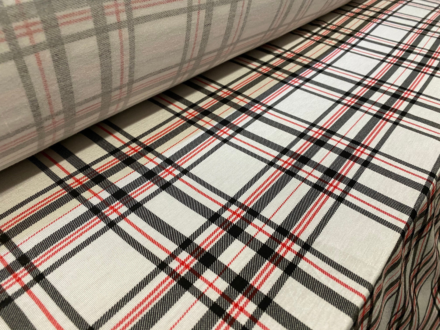 Viscose spandex stretch jersey fabric, per metre - white red & black check