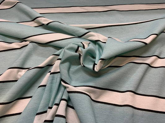 Viscose spandex stretch jersey fabric, per metre - duck egg & white stripe print