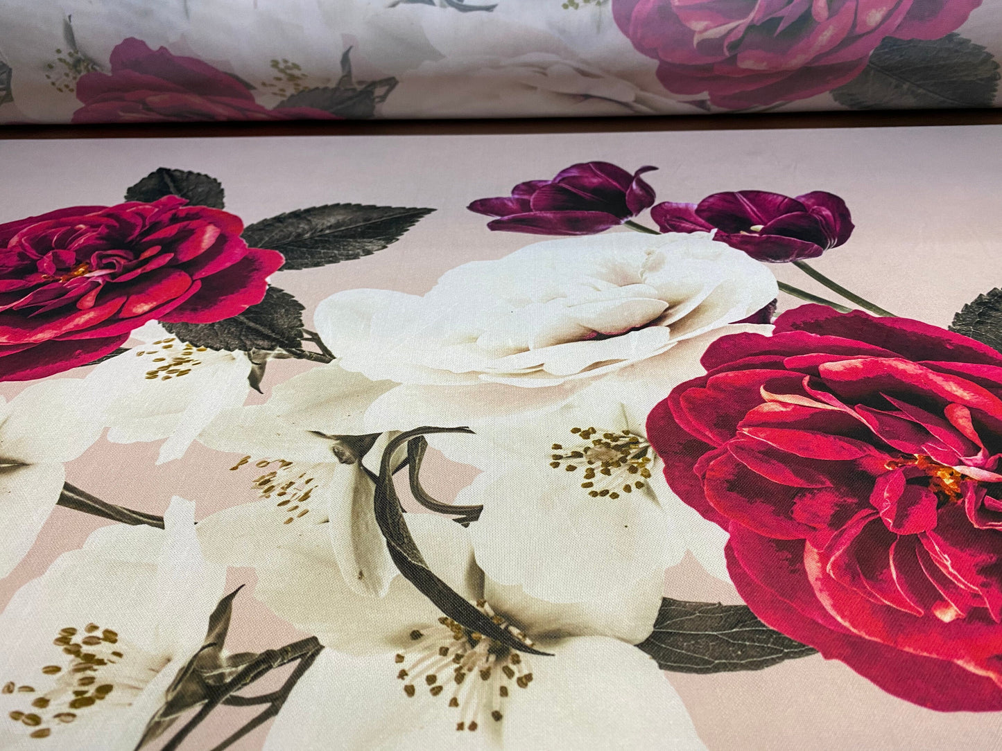 Power mesh net stretch fabric, per metre - blush with large rose multicoloured print