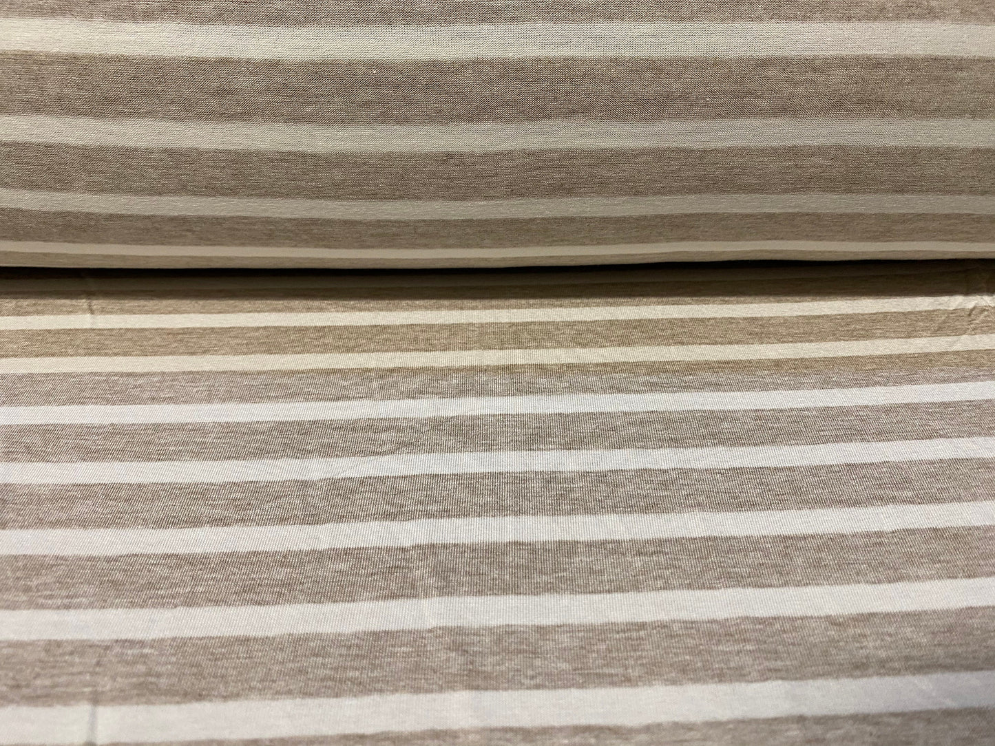 Viscose spandex stretch jersey fabric, per metre - oatmeal & white butchers stripe print