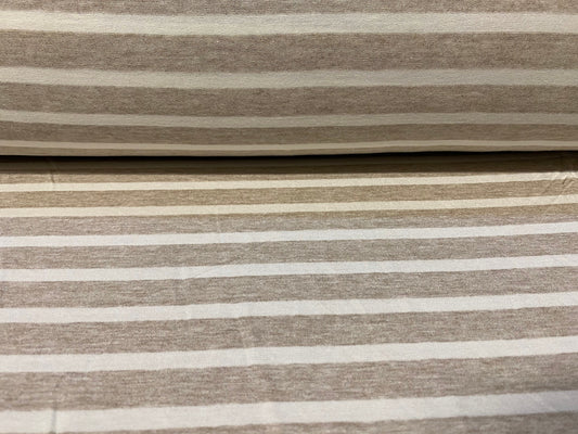 Viscose spandex stretch jersey fabric, per metre - oatmeal & white butchers stripe print