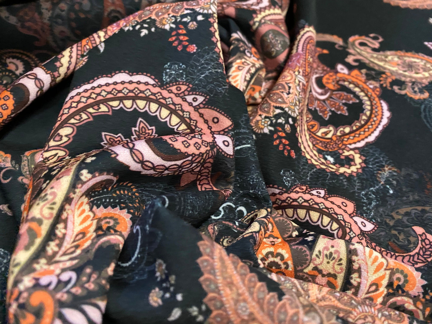 Scuba crepe fabric stretch spandex jersey, per metre - black & Orange paisley print
