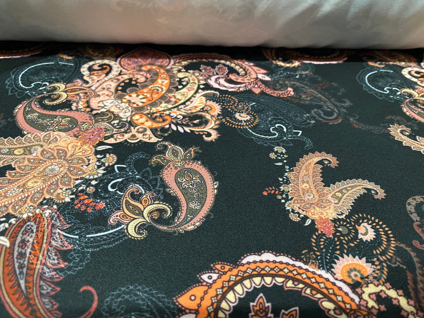 Scuba crepe fabric stretch spandex jersey, per metre - black & Orange paisley print