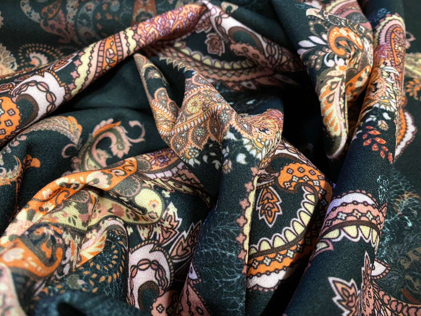 Scuba crepe fabric stretch spandex jersey, per metre - black & Orange paisley print