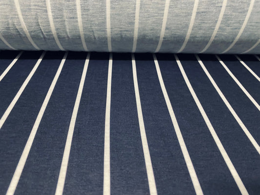 Viscose spandex stretch jersey fabric, per metre - navy & white butchers stripe print