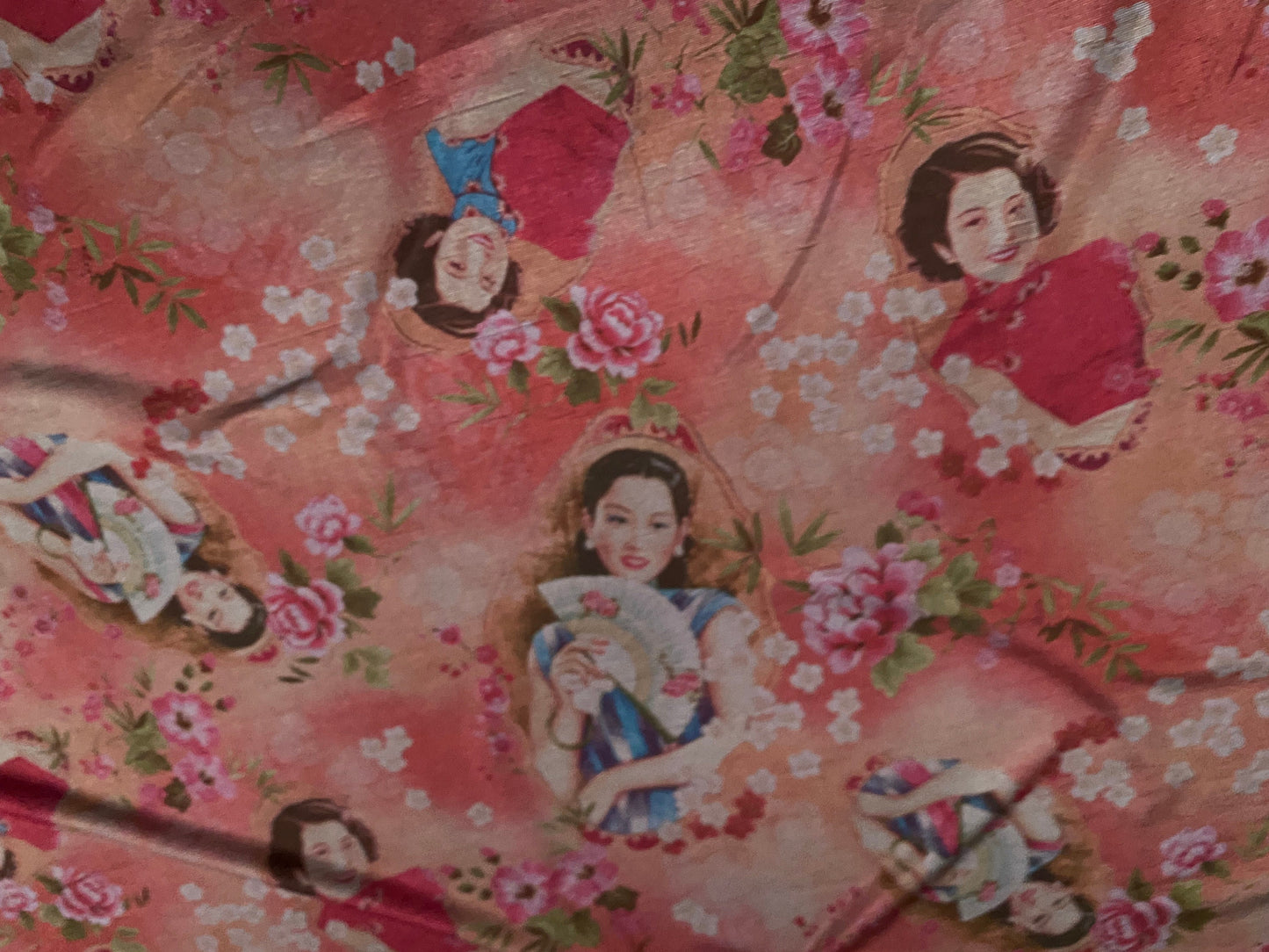 Printed textured spandex stretch Jersey fabric, per metre - ladies of the Far East print