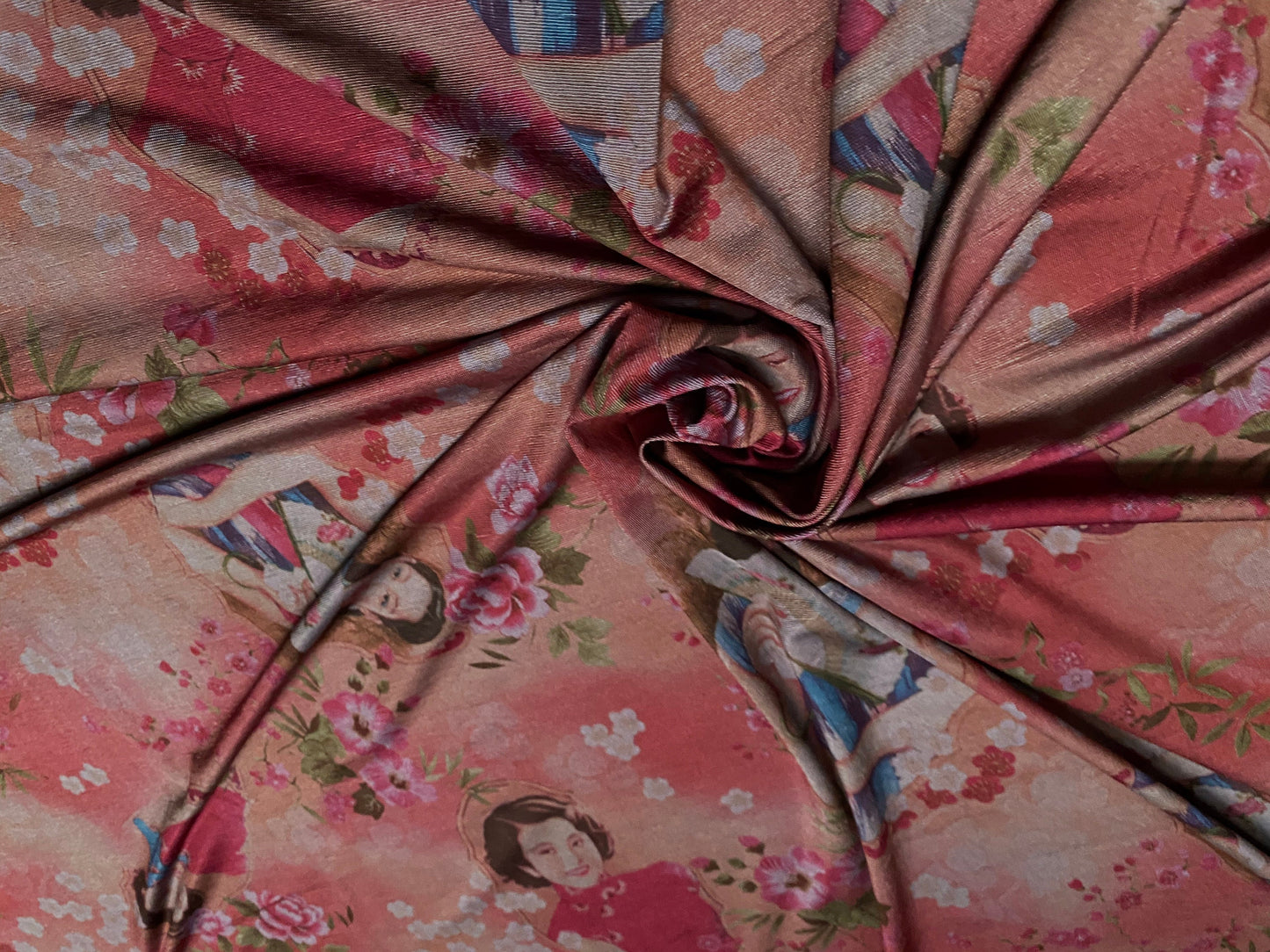 Printed textured spandex stretch Jersey fabric, per metre - ladies of the Far East print