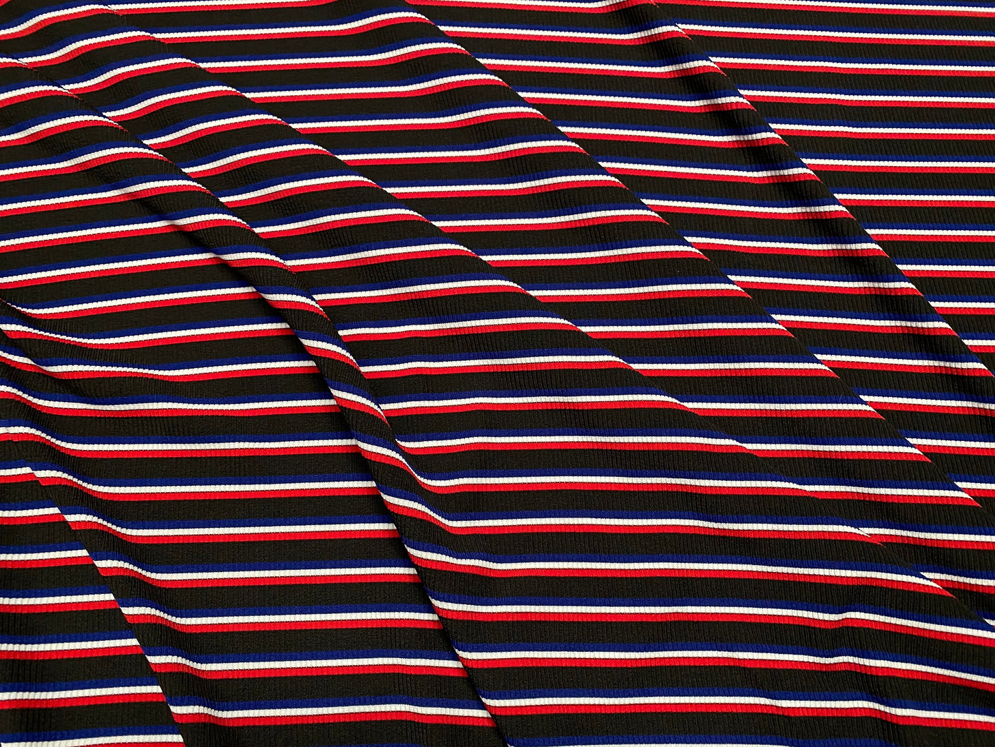 Spandex rib jersey fabric, per metre - black red white & blue stripe