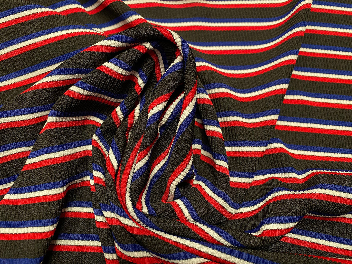 Spandex rib jersey fabric, per metre - black red white & blue stripe