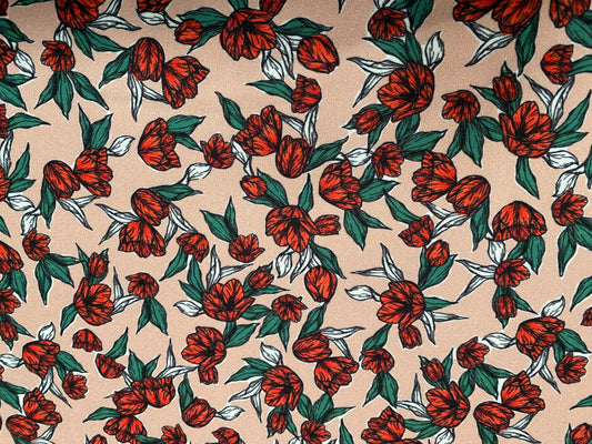 Scuba crepe fabric stretch spandex jersey, per metre - Nude with small red flowers print