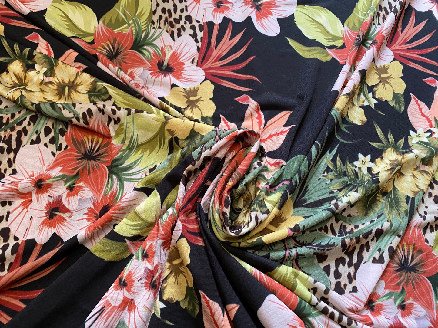 Tropical exotic flowers & leopardskin print spandex jersey fabric, per metre