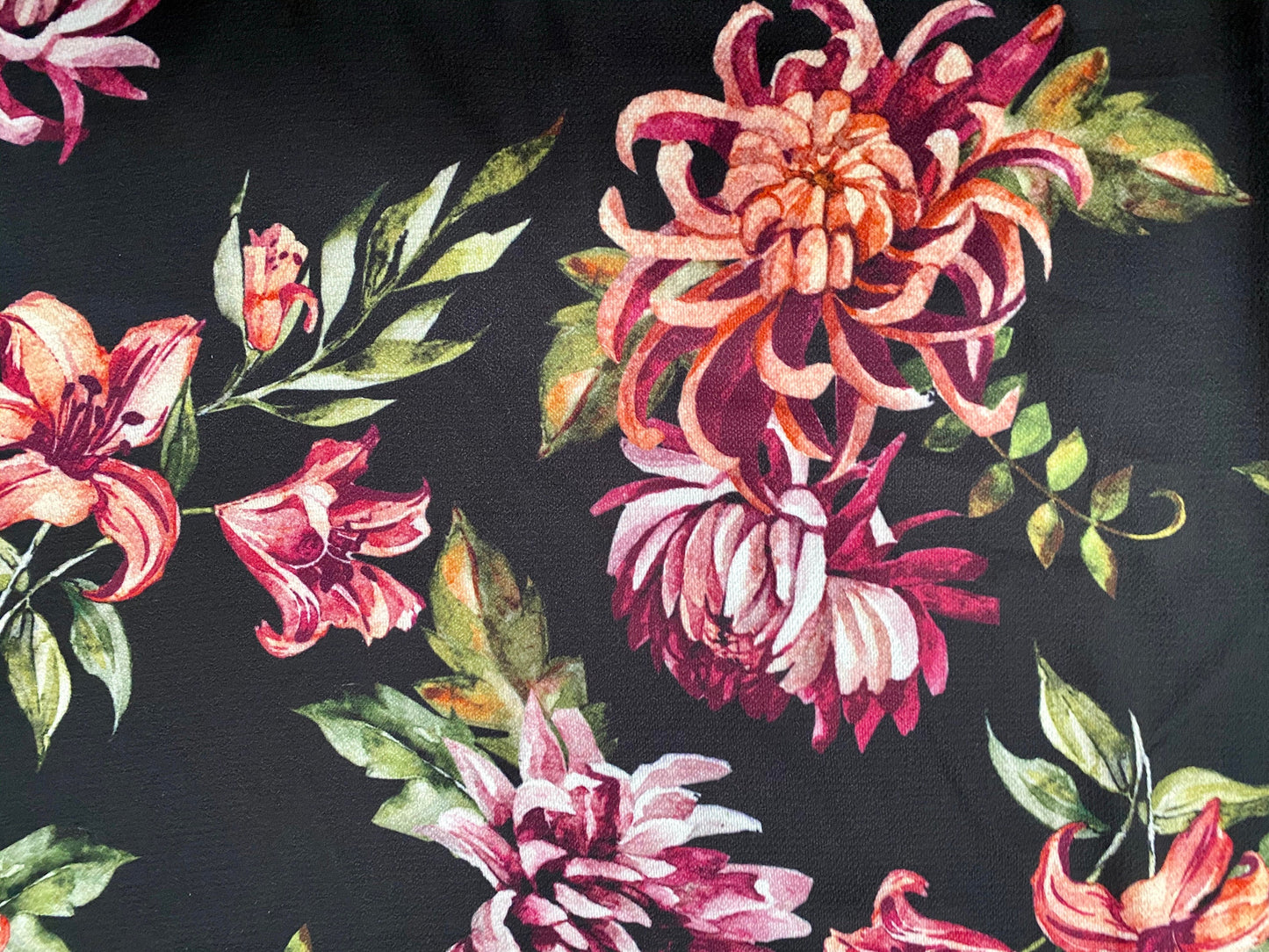 Floral printed pebble crepe dress fabric, per metre - black with pink orchid