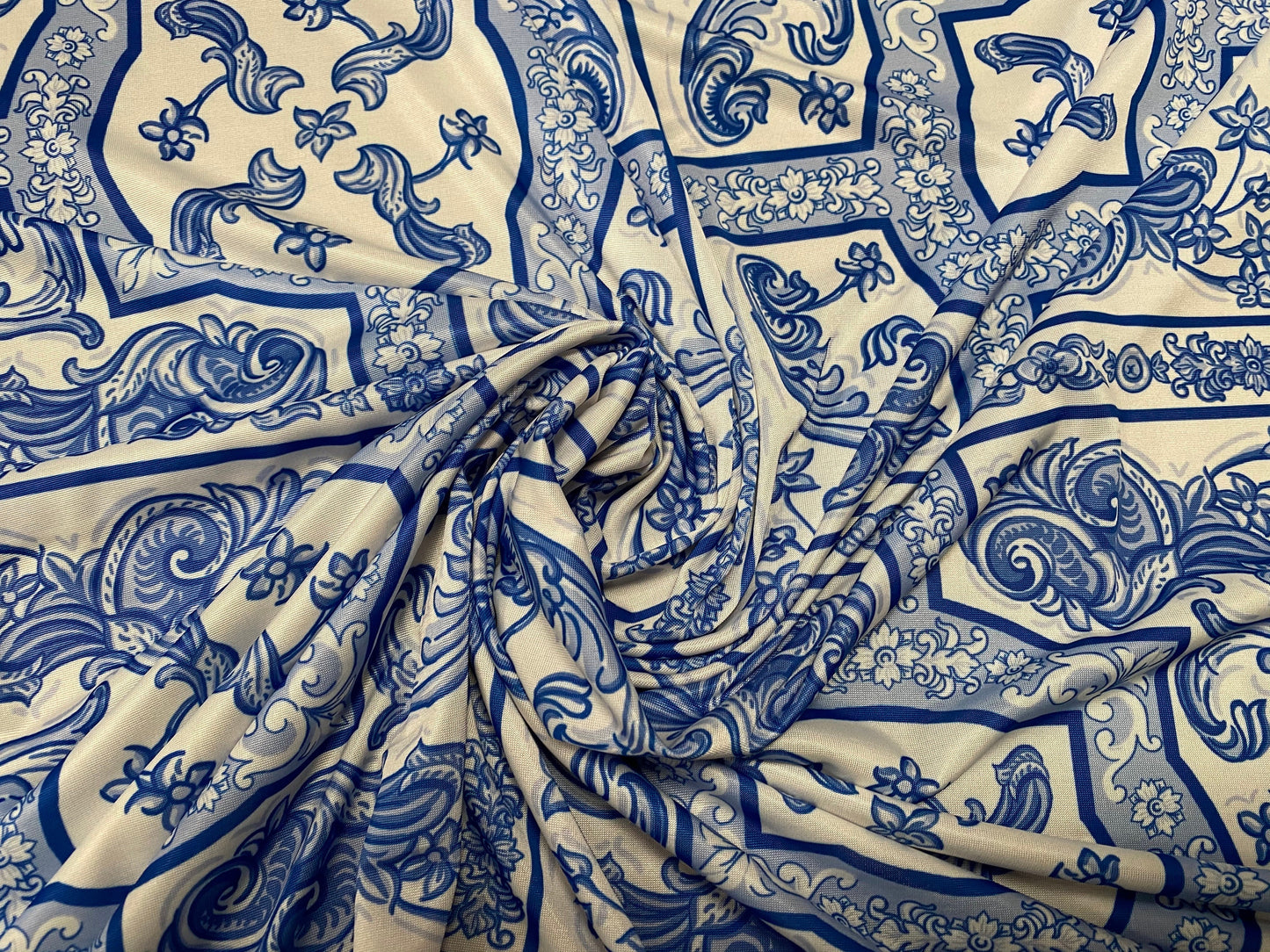 Soft touch stretch spandex jersey fabric, per metre - blue paisley panels print