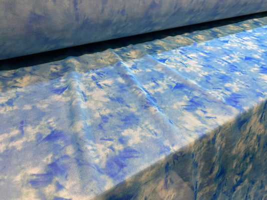 Power mesh net stretch fabric, per metre - blue tie dye print