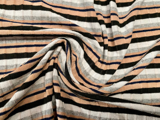 Stretch spandex rib jersey fabric, per metre - grey nude black & ivory stripe