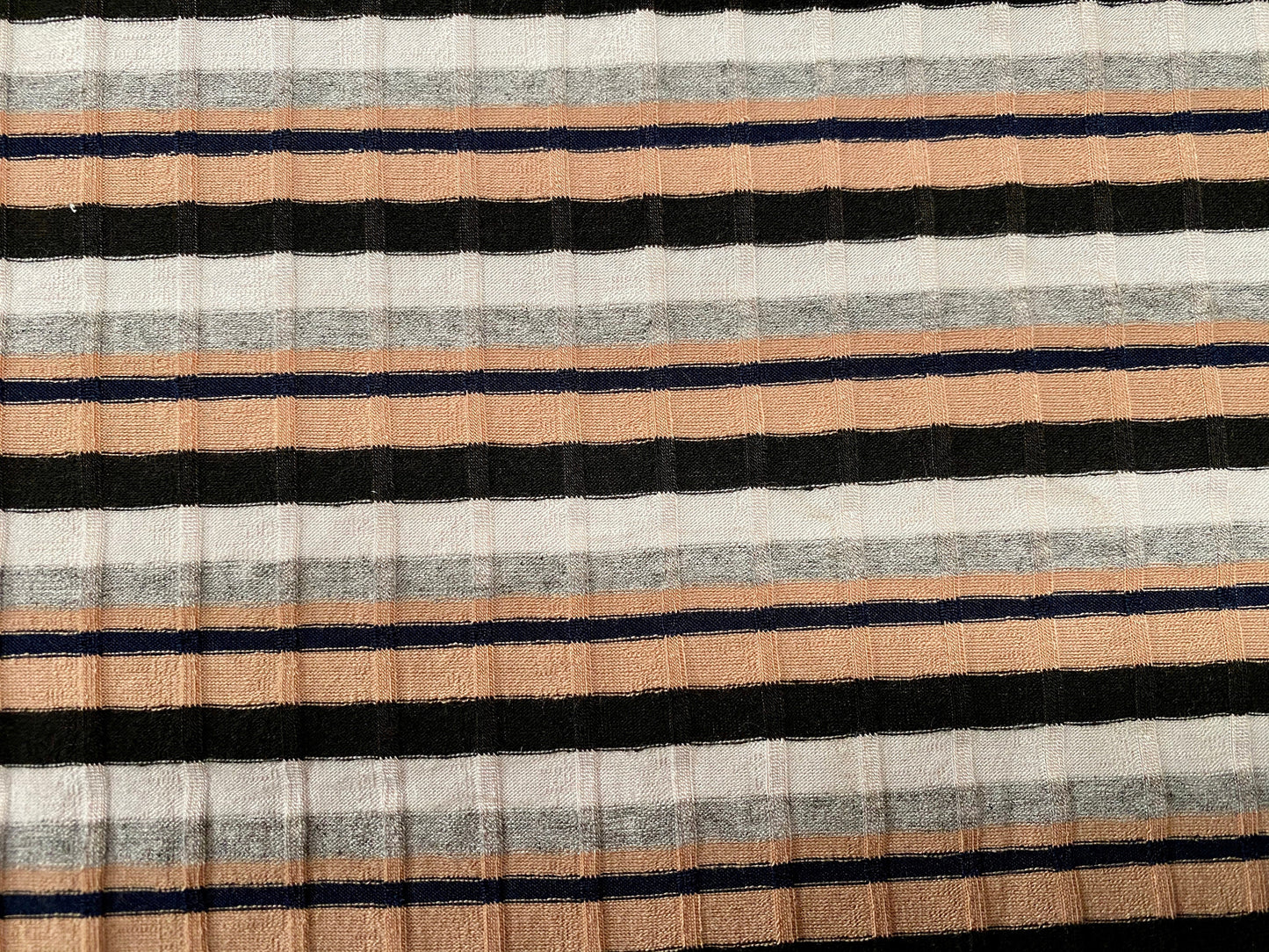Stretch spandex rib jersey fabric, per metre - grey nude black & ivory stripe
