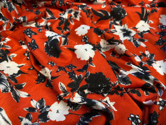 Soft handle jersey fabric, per metre - red with black & white floral print