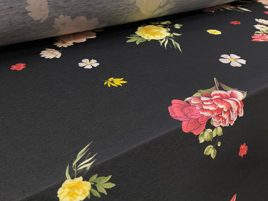 Soft handle single jersey fabric, per metre - black with floral bouquet print