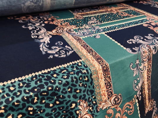 Soft handle jersey fabric, per metre - green black & gold framed paisley print