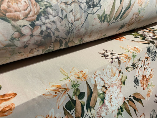 Power mesh net stretch fabric, per metre - nude & burnt Orange rose floral print
