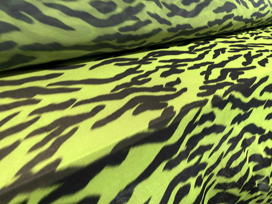 Power mesh net stretch fabric, per metre - black & acid yellow animal print