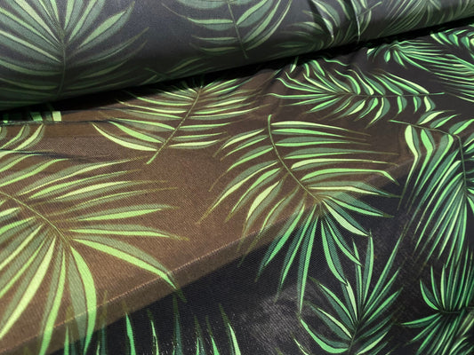 Power mesh net stretch fabric, per metre - black with green leaf print