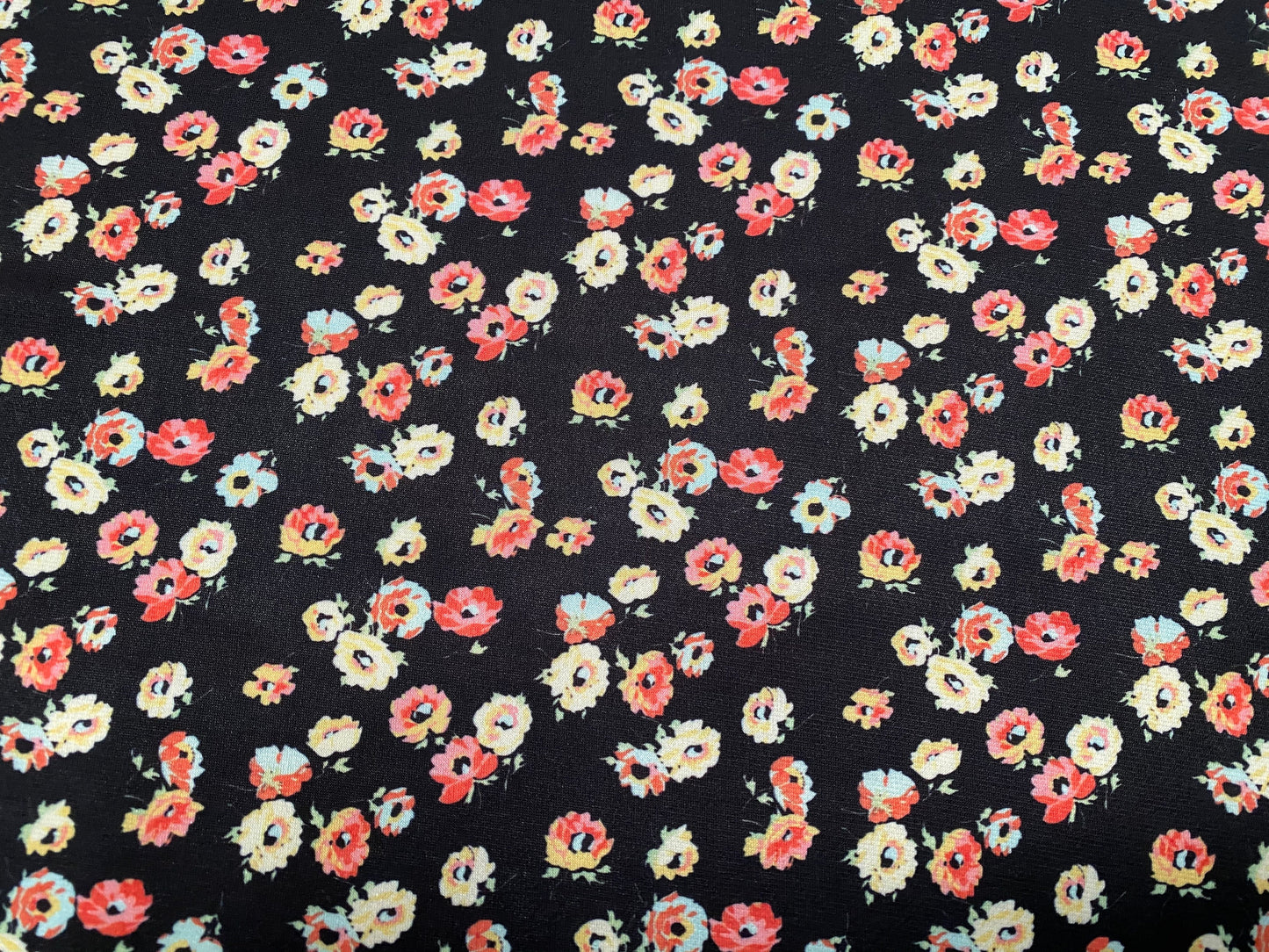 Printed stretch spandex Jersey fabric, per metre - black with multicoloured floral print