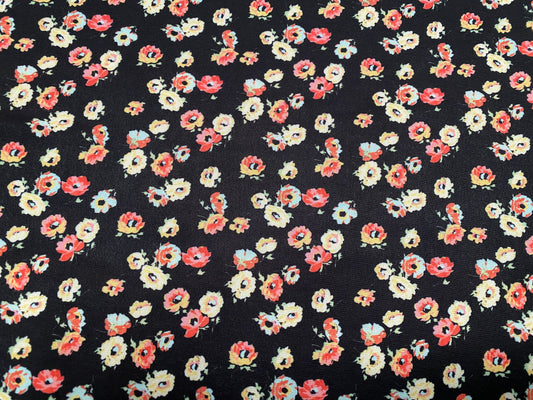 Printed stretch spandex Jersey fabric, per metre - black with multicoloured floral print