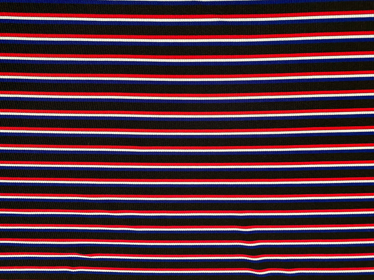 Spandex rib jersey fabric, per metre - black red white & blue stripe