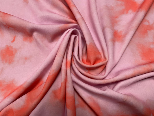 Scuba crepe fabric stretch spandex jersey, per metre - pink & coral tie dye print