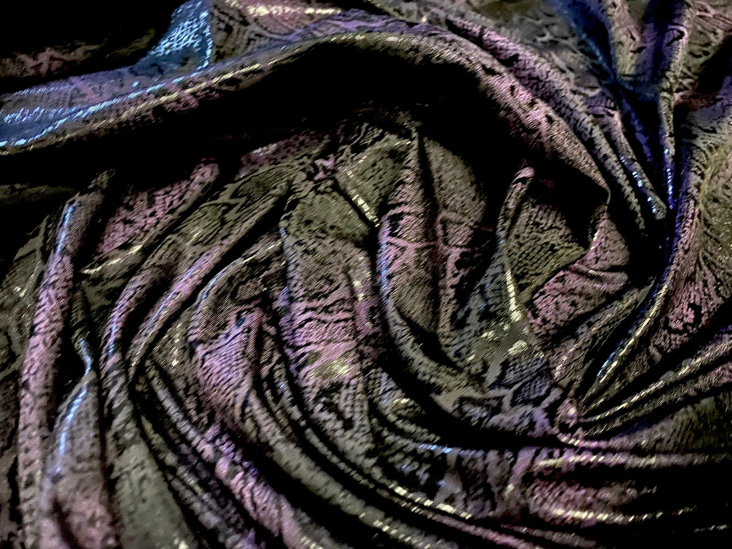 Snakeskin print ITY spandex stretch jersey fabric, per metre - black & purple gloss