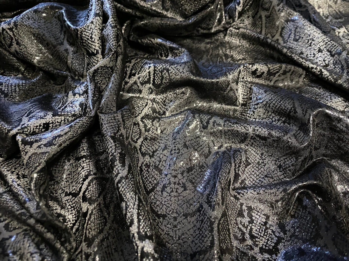 Snakeskin print ITY spandex stretch jersey fabric, per metre - black & grey gloss