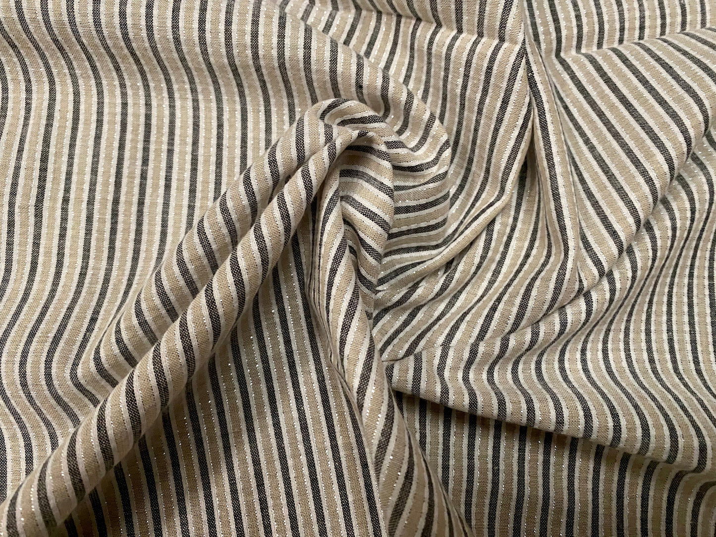 Cotton striped woven fabric with lurex, per metre - ivory stone & grey stripe