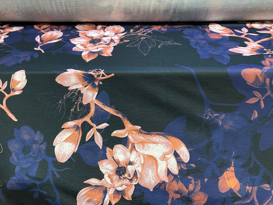 Soft handle single jersey fashion fabric, per metre - flower bud print - navy blue & coral