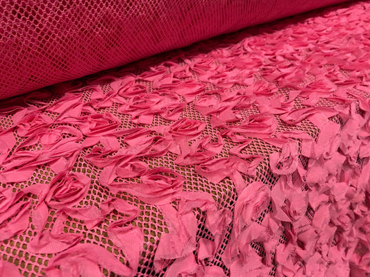 Fishnet mesh fabric with ribbon lace floral appliqué, per metre - pink