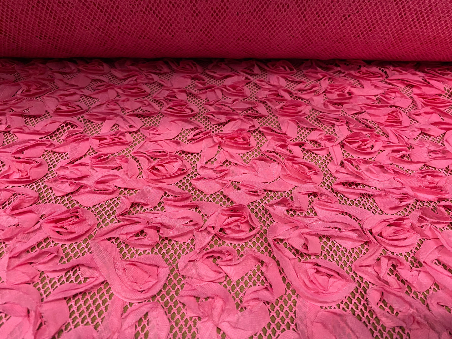 Fishnet mesh fabric with ribbon lace floral appliqué, per metre - pink