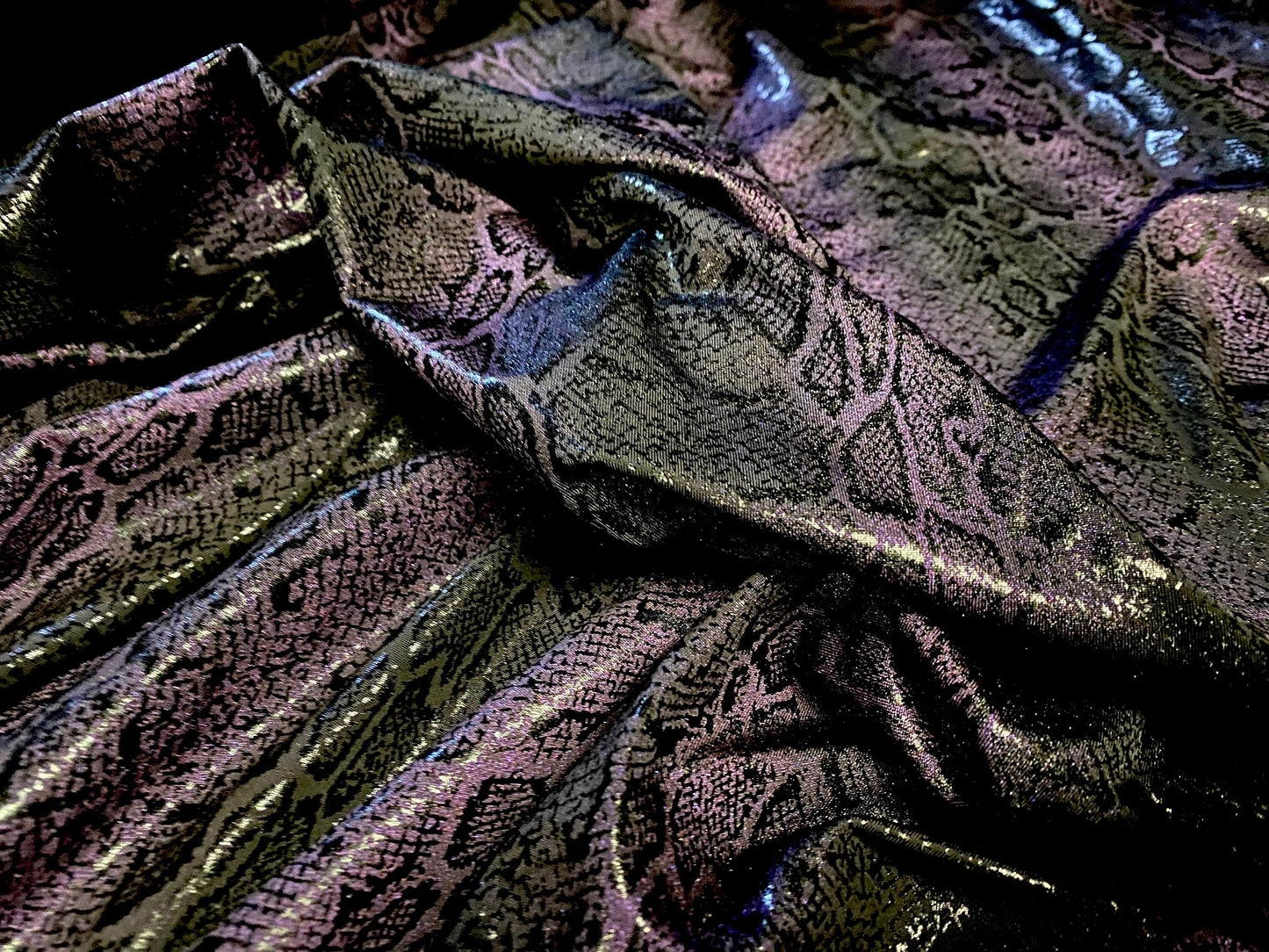 Snakeskin print ITY spandex stretch jersey fabric, per metre - black & purple gloss