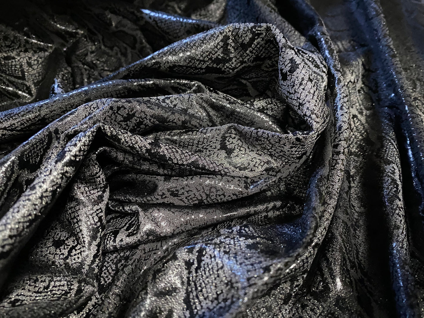 Snakeskin print ITY spandex stretch jersey fabric, per metre - black & grey gloss