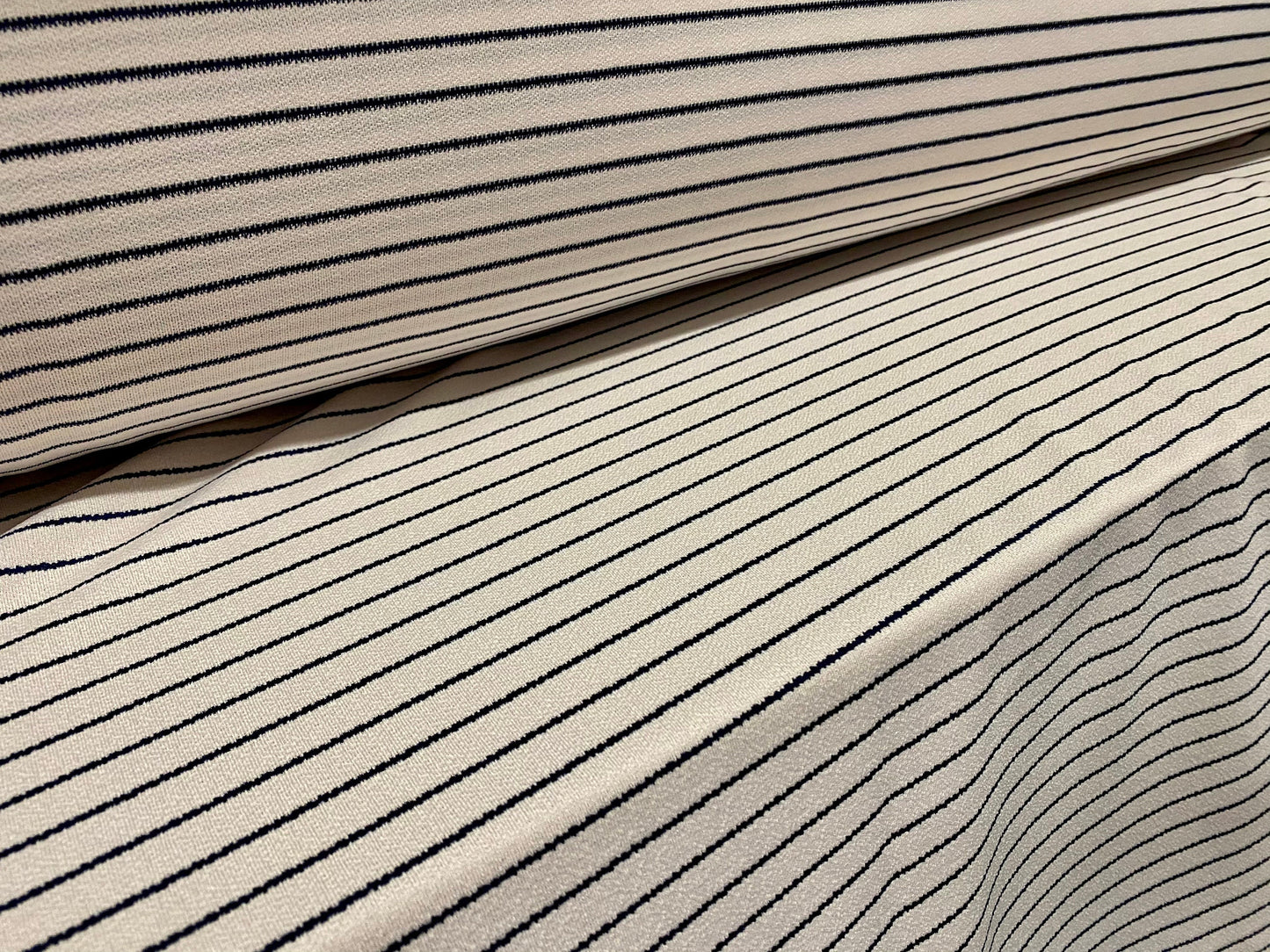 Valentino crepe spandex jersey fabric - similar to scuba - per metre, ivory with navy smudge stripe