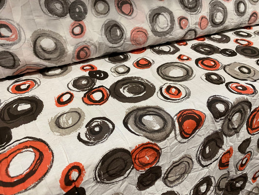 Woven crush dress fabric, per metre - orange & grey circles artistic print